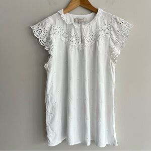 LOFT White Eyelet Top with Flutter Sleeves Medium